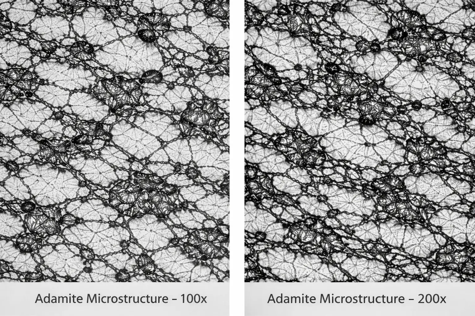 Adamite semi steel rolling mill roll microstructure showing pearlite matrix and carbide network at 100x and 200x magnification