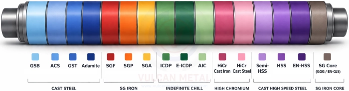 Cast Rolling Mill Roll Material Grades, Cast Steel, SG Iron, ICDP, High Chromium and HSS