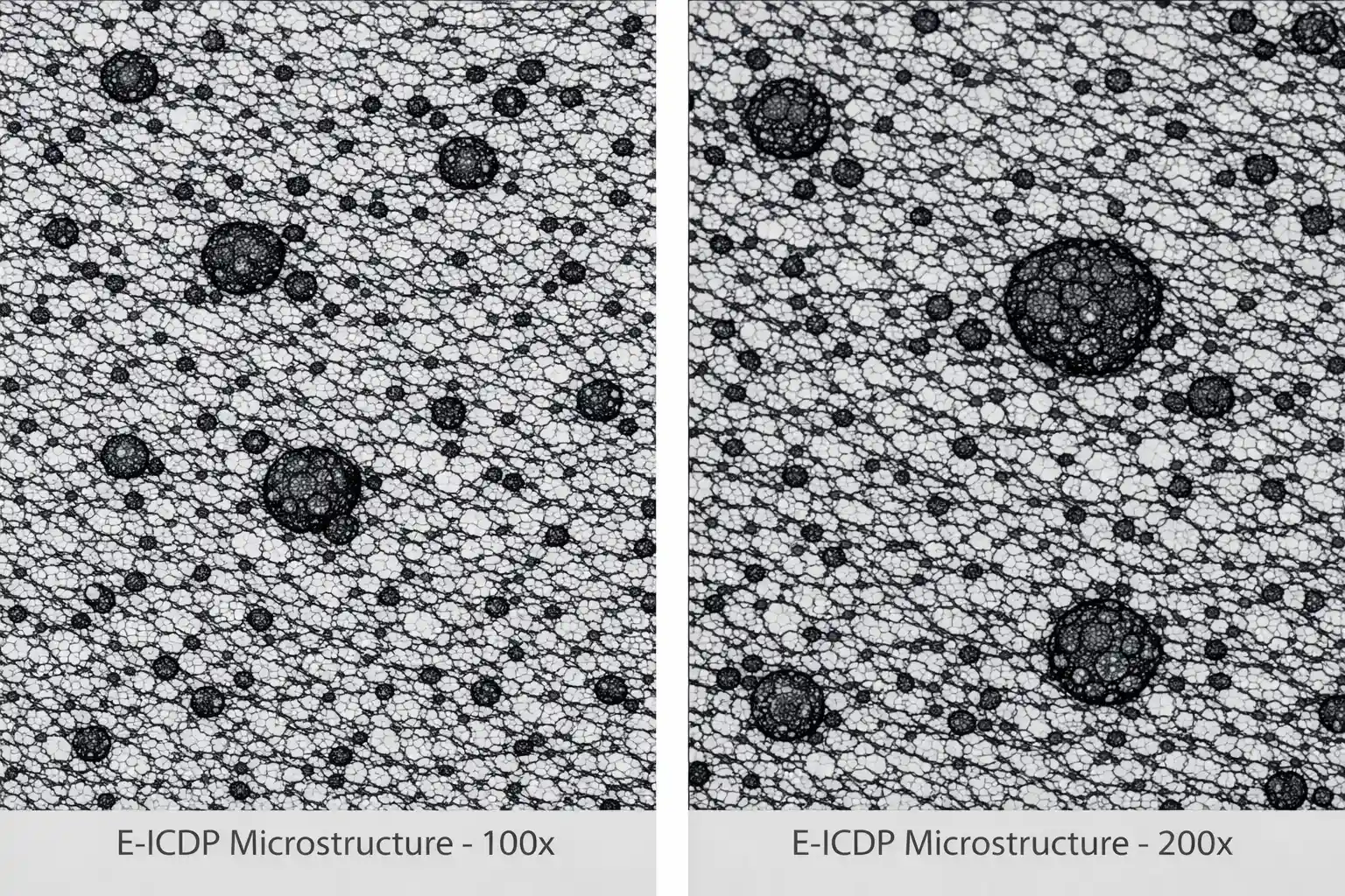 Indefinite Chill Cast Iron (E-ICDP) roll microstructure showing reduced graphite and increased carbides in pearlitic–bainitic matrix at 100x and 200x magnification