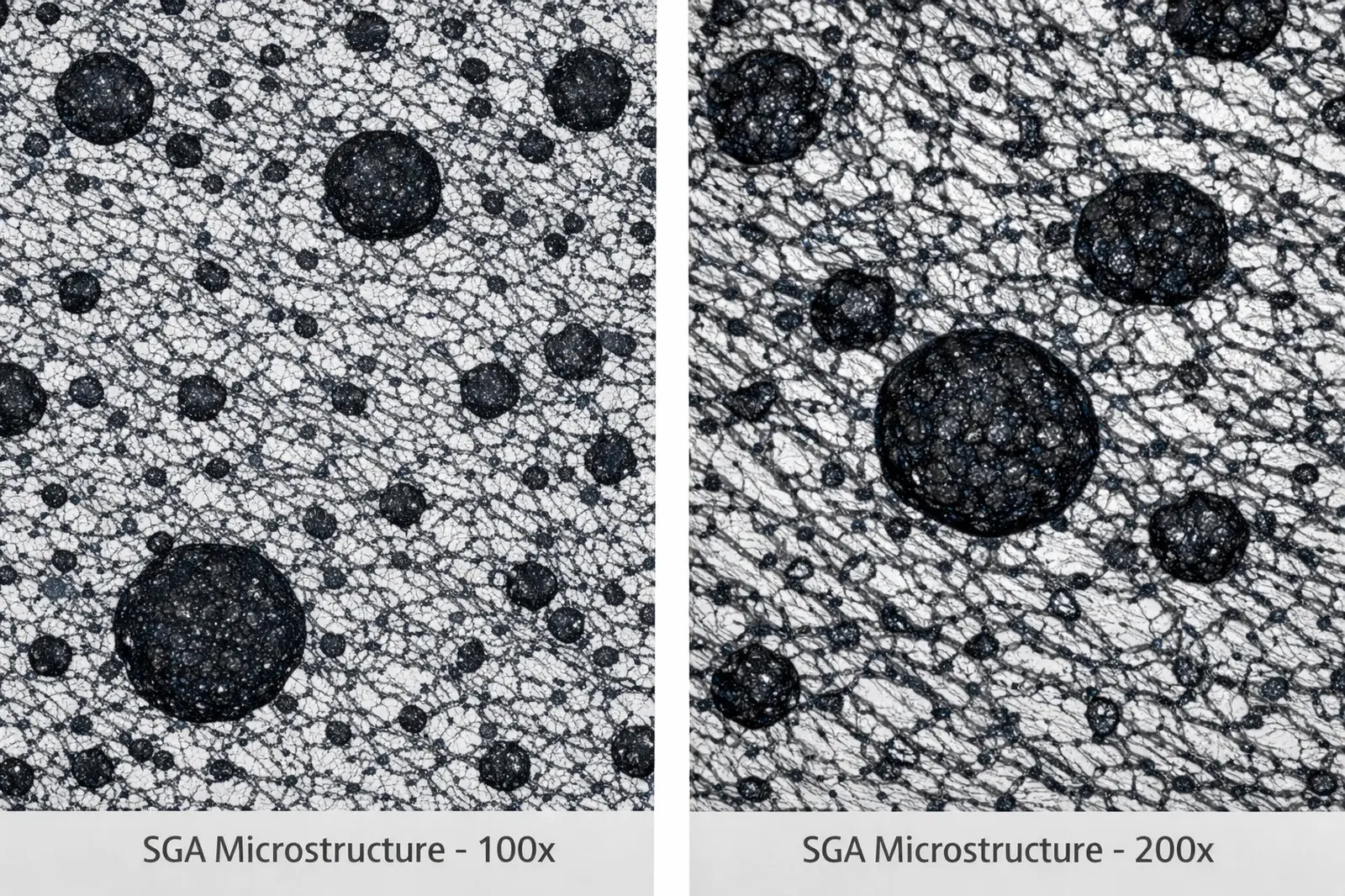 SG Acicular Chill Nodular Iron (SGA) microstructure showing spheroidal graphite nodules and acicular bainitic matrix at 100x and 200x magnification