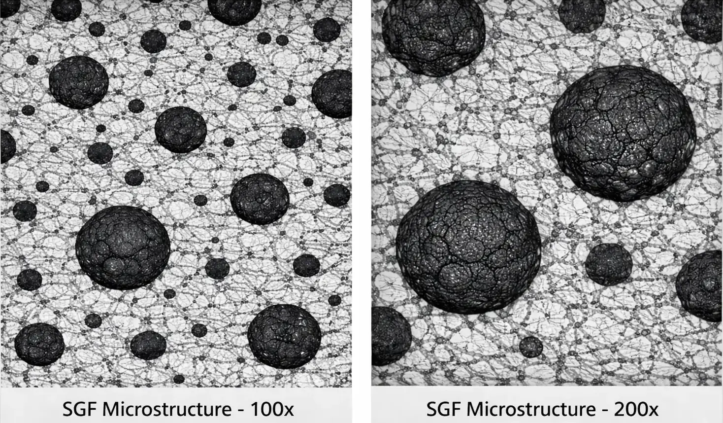 SG Ferritic Nodular Iron (SGF) microstructure showing spheroidal graphite nodules in ferritic matrix at 100x and 200x magnification