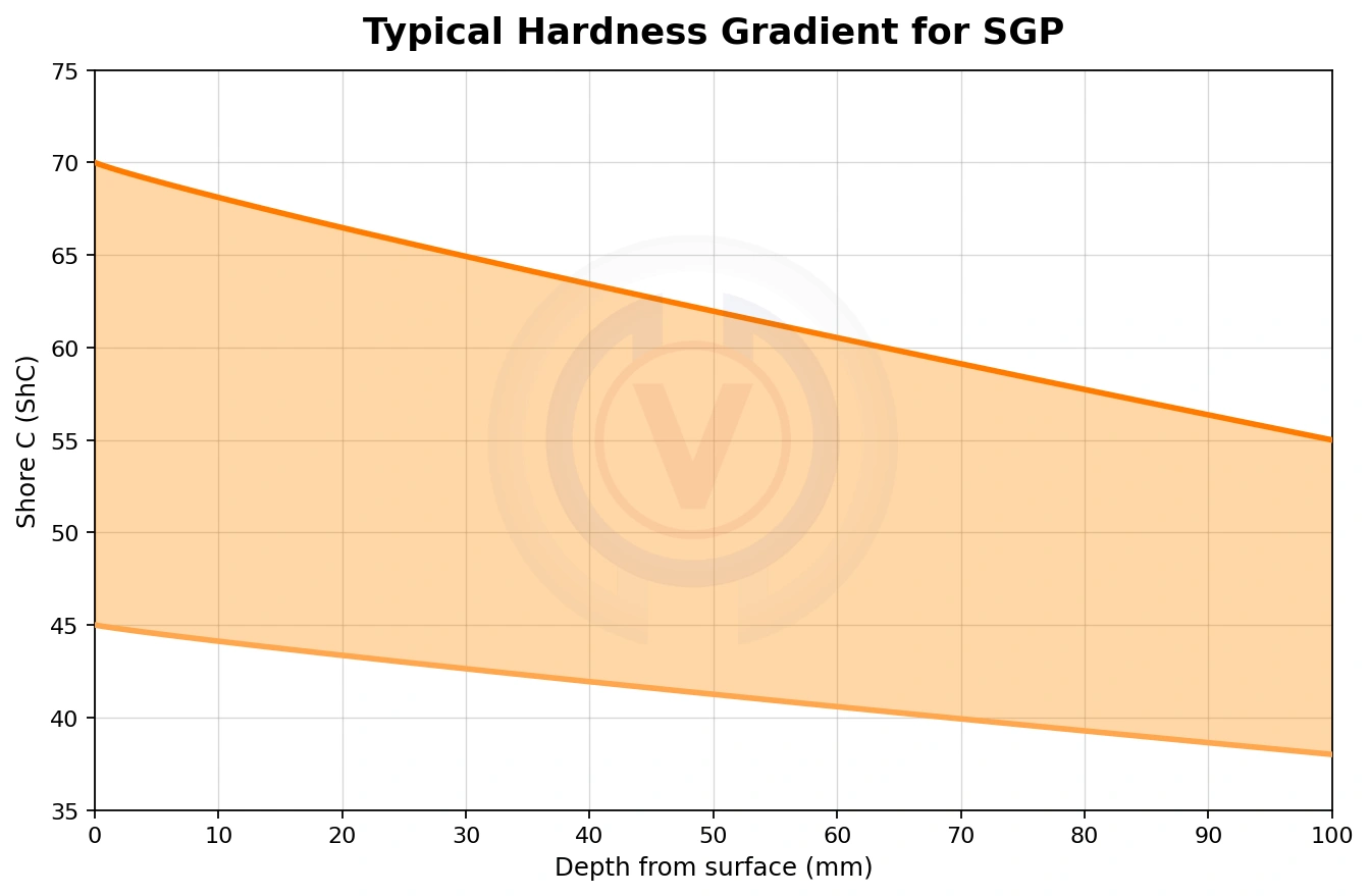 Typical hardness gradient for SG Pearlitic Chill Nodular Iron (SGP) rolling mill roll showing Shore C hardness versus depth from surface
