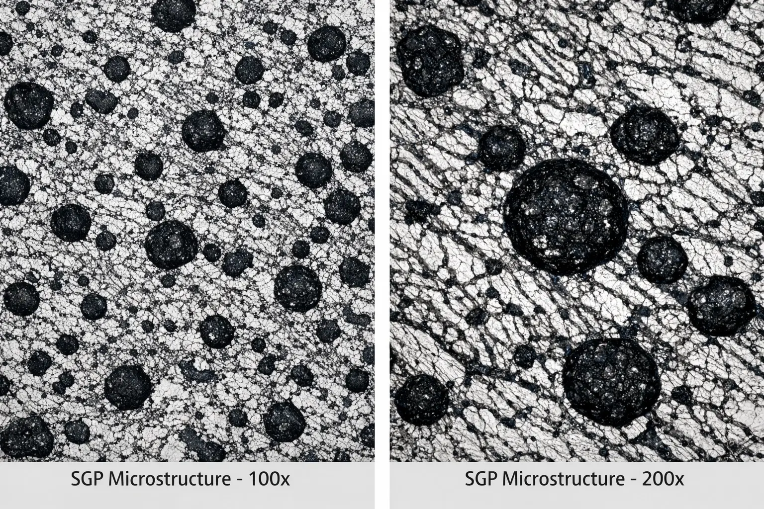 SG Pearlitic Chill Nodular Iron (SGP) microstructure showing spheroidal graphite nodules and pearlitic matrix at 100x and 200x magnification